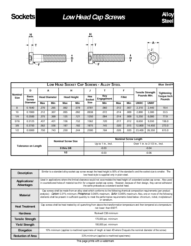 Low Head Socket Cap Screw